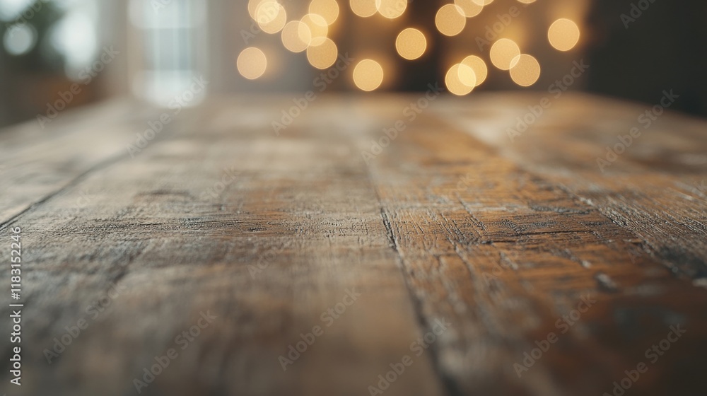 Poster an empty wooden table is softly illuminated with bokeh lights, setting a warm and inviting ambiance 