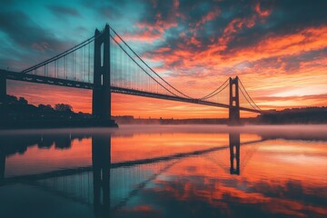 Fototapeta premium Bridge over a river during a vibrant sunset