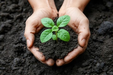 Hands holding a small plant growing in dark soil