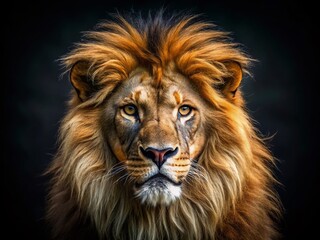 Fototapeta premium Majestic Lion Head Close-up on Black Background - Powerful Wildlife Photography