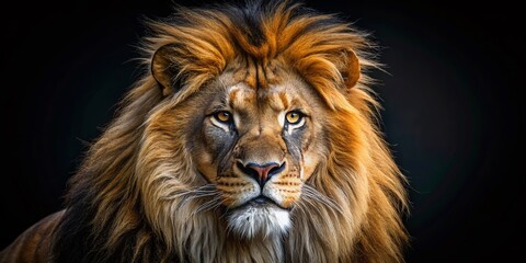 Majestic Lion Portrait: Powerful Black Background Stock Photo