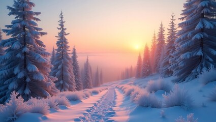 snowy path winds through frosted trees at sunset