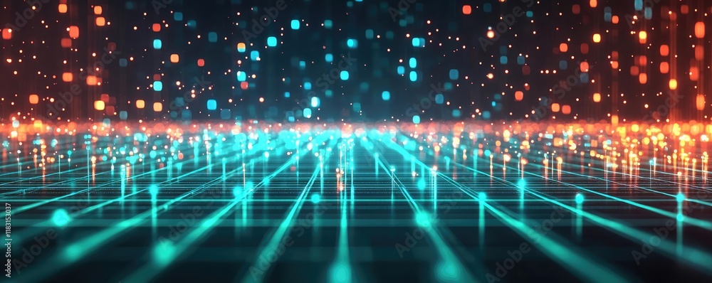Poster Matrix abstract background idea. A vibrant digital landscape showcasing colorful data points and glowing lines.