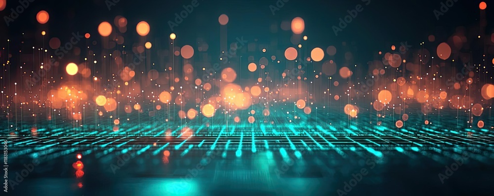 Poster Matrix abstract background idea. Abstract digital landscape with glowing particles and vibrant colors. Modern futuristic design.