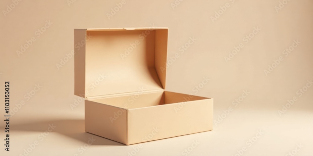 Poster a partly opened light beige rectangular cardboard box on a neutral background