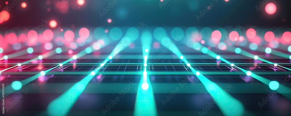 Poster Matrix abstract background idea. A vibrant digital landscape featuring colorful lights and grid patterns.