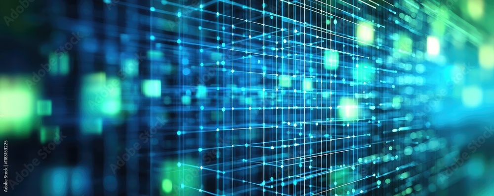 Poster Matrix abstract background idea. Abstract digital background with blue and green light patterns and grid lines.