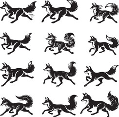 set of silhouettes of animal fox running
