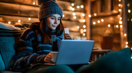 Obraz premium Woman in cozy knitwear uses laptop on a winter evening, surrounded by warm string lights. She enjoys a relaxing moment indoors with a hot drink.