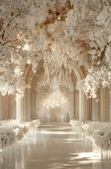 Elegant White Wedding Ceremony Venue, Dreamlike Floral Archway, Crystal Chandelier, Romantic Atmosphere