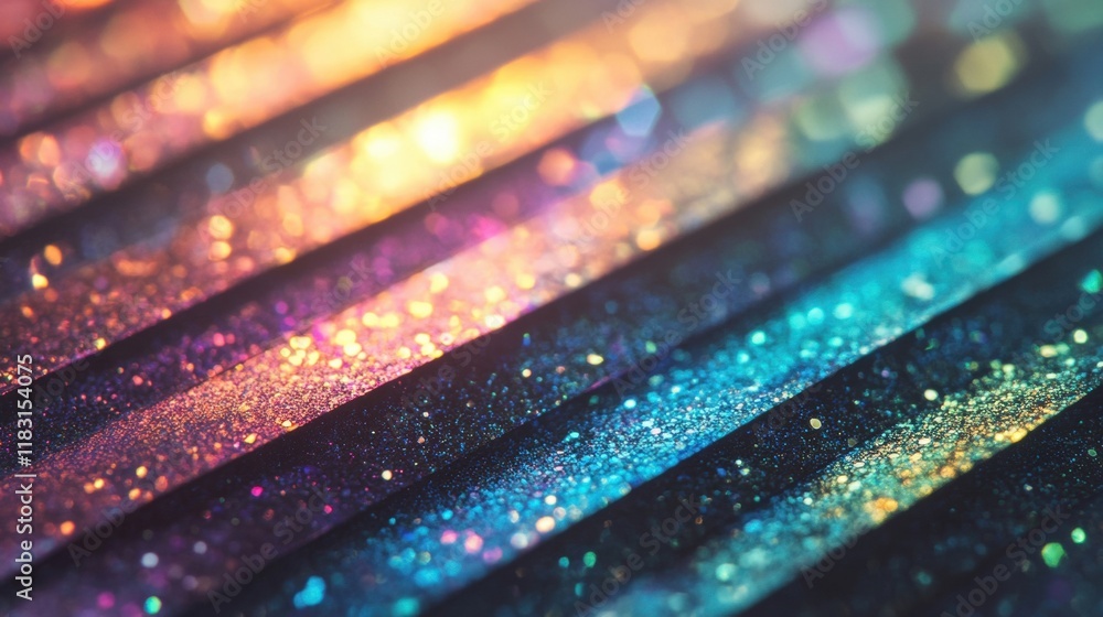 Poster close up features vibrant holographic foil textures displaying an array of shimmering colors and ref