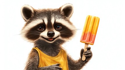 a 2D cartoon illustration of a cheerful raccoon holding a popsicle, summer vibes, white background--ar 16:9