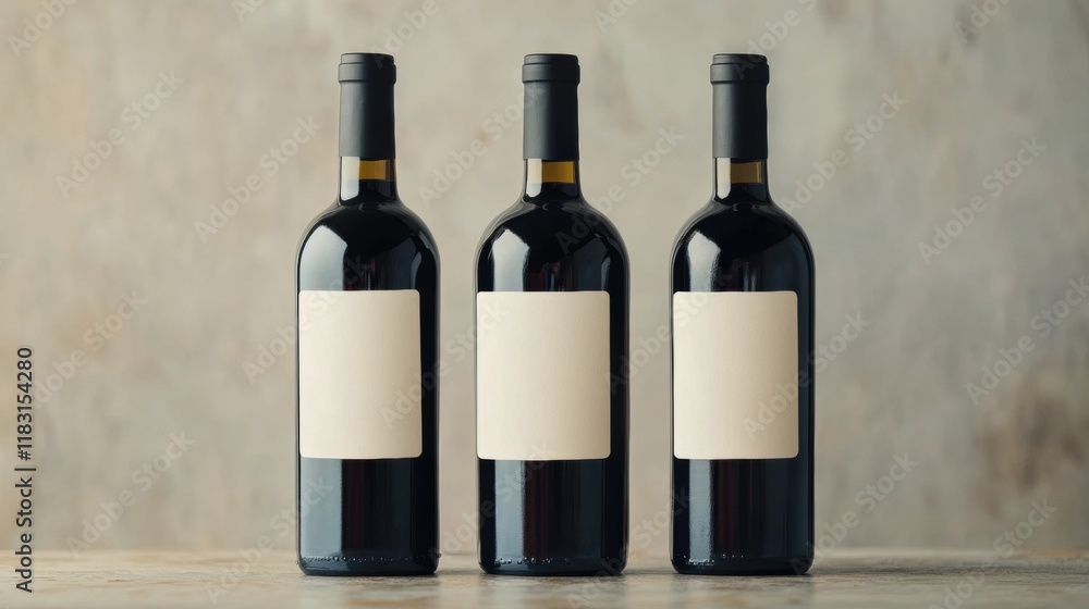 Poster three wine bottles stand in a row on a countertop, featuring blank labels ready for customization in