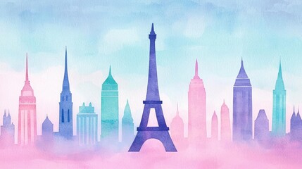 Fototapeta premium Watercolor abstract background concept. A vibrant watercolor skyline featuring iconic buildings in pastel colors.