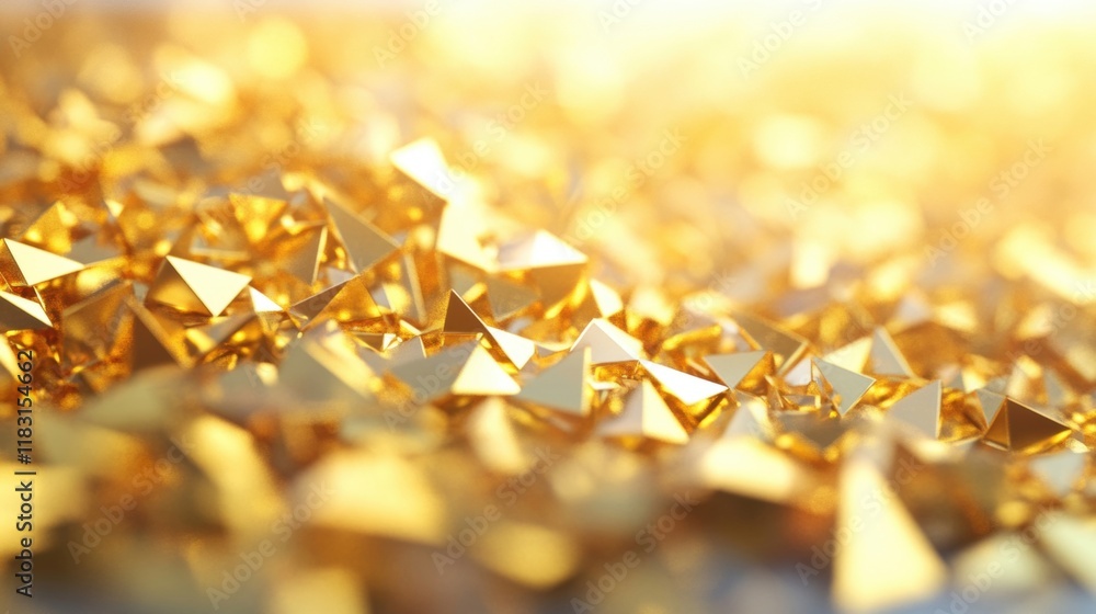 Poster shimmering gold triangular shapes create an intricate geometric pattern illuminated by warm light, e
