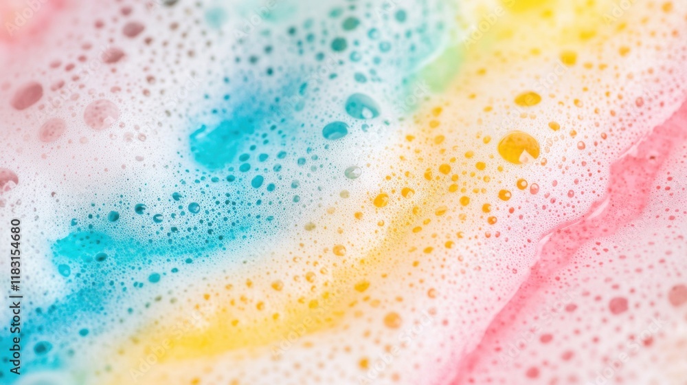 Poster colorful soap bubbles and foam blend together in a striking pattern of blues, pinks, and yellows, cr