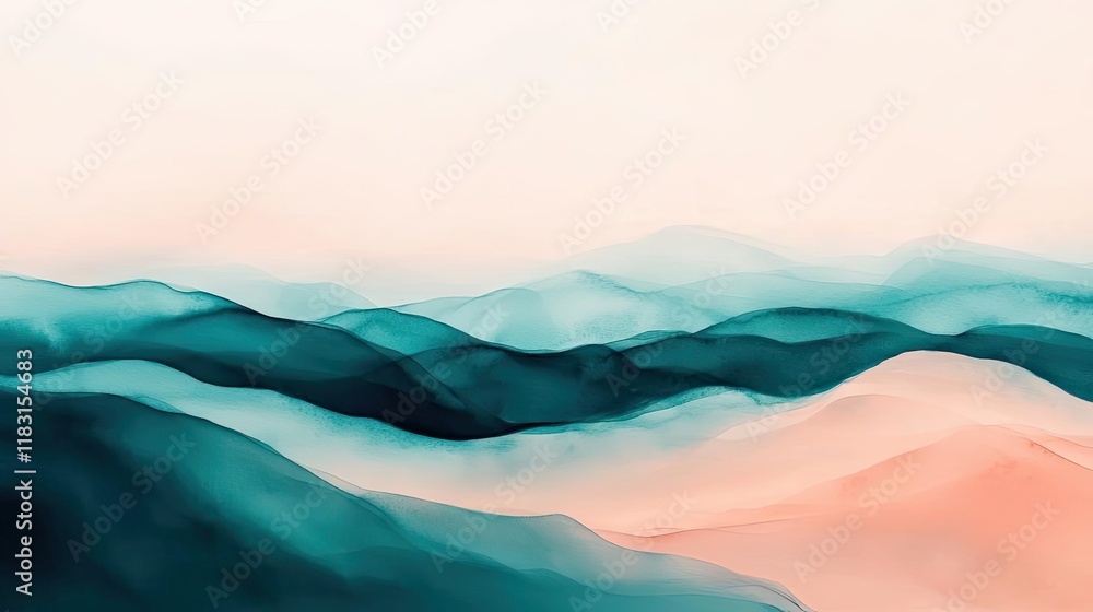 Poster Watercolor abstract background concept. A serene blend of soft colors creating abstract mountain landscapes.