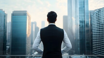 Fototapeta premium Businessman in Formal Attire Overlooking City Skyline at Sunrise, Genrative AI.