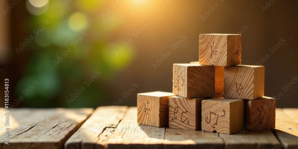 Poster wooden blocks stacked on a rustic surface bathed in sunlight