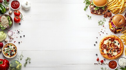 A vibrant arrangement of pizzas, burgers, and fresh ingredients on a wooden surface.