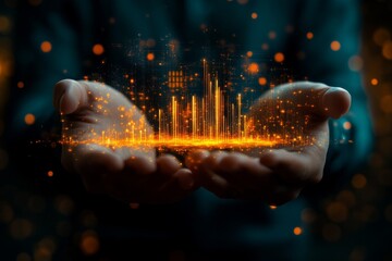 Glowing holographic cityscape in human hands symbolizing technology and innovation
