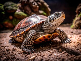 Mossy shell, sandy bottom recreate natural Diamondback terrapin habitat for captivating reptile photography.