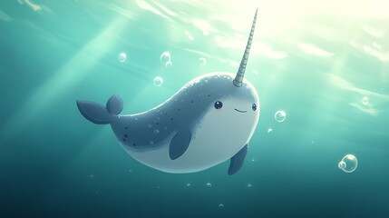 a 2D cartoon illustration of a friendly narwhal swimming in the ocean, bubbles around, white background--ar 16:9