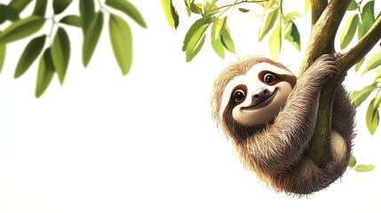 a 2D cartoon illustration of a happy sloth hanging from a tree branch, cute and calm, white background--ar 16:9