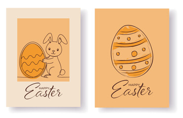 Hand Drawn Happy Easter Set Greeting cards, posters, holiday covers. Trendy Doodle with typography, Hand painted plants, dots, eggs and bunny. Modern art minimalist style.