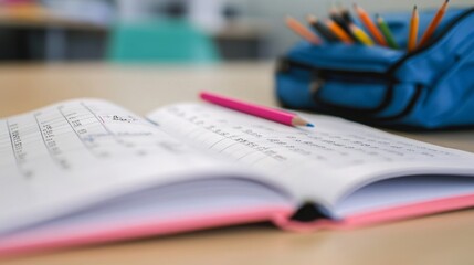 Obraz premium Open notebook with handwritten notes and a pink pencil on a desk, alongside a colorful pencil case filled with pencils in a classroom setting.