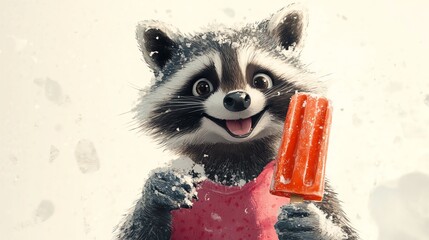 a 2D cartoon illustration of a cheerful raccoon holding a popsicle, summer vibes, white background--ar 16:9