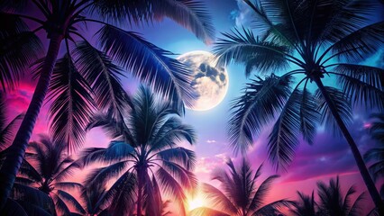 Palm shadows cast a pastel glow on a dark tropical night, evoking a dreamy, nighttime paradise.