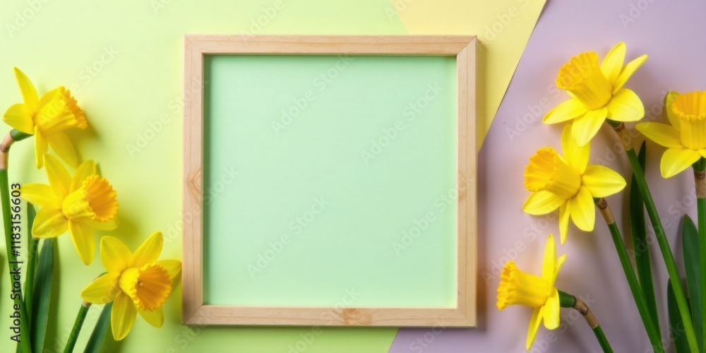 Poster springtime daffodils and a light green frame on pastel background