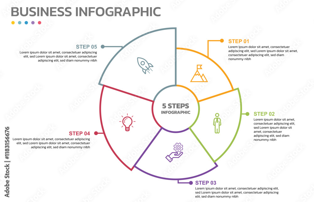 Poster Visual data presentation. Cycle diagram with 5 options. Pie Chart Circle thin line infographic template with 5 steps, options, parts, segments. Business concept. Marketing infographic outline style.