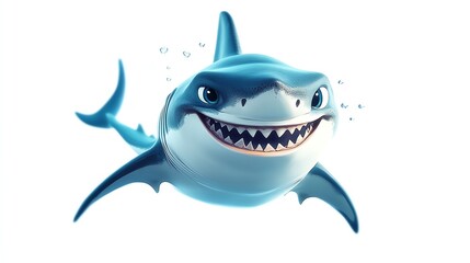 Obraz premium a 2D cartoon illustration of a swimming shark with a friendly smile, underwater scene, white background--ar 16:9