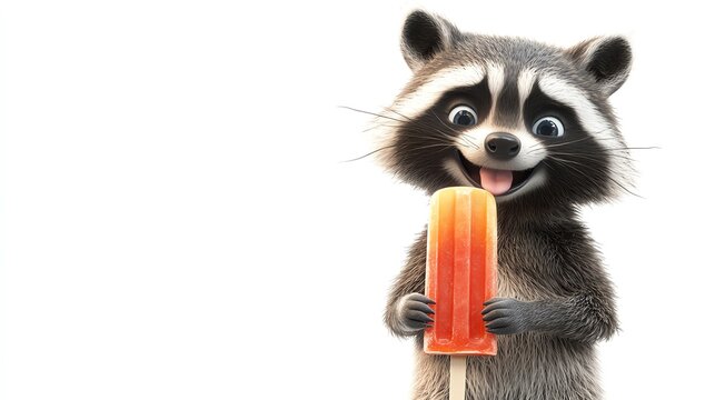 a 2D cartoon illustration of a cheerful raccoon holding a popsicle, summer vibes, white background--ar 16:9