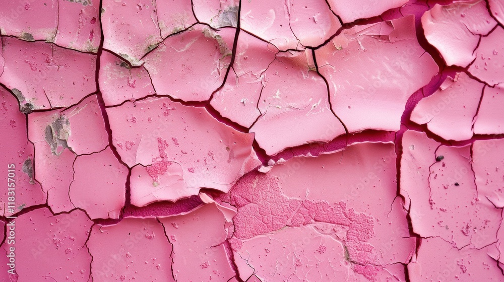 Poster close-up view of a textured pink cracked surface displaying weathered layers, indicative of time and