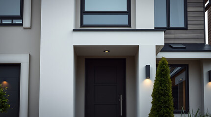 Modern home exterior showcasing a dark gray front door, black-framed windows, and light gray siding.  Exterior lighting flanks the entrance.  Landscaping includes a small evergreen tree.