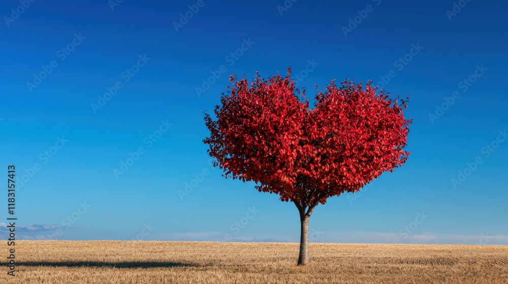 Poster a tree with a heart shape in the middle of a field