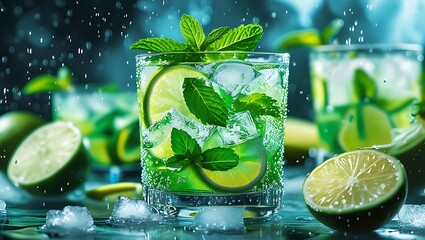 Close-up of a refreshing minty mojito, with lime slices and ice in a glass