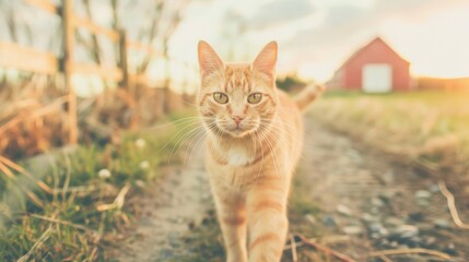 Obraz premium A ginger cat walks confidently along a gravel path, with a red barn visible in the background. The sun sets, casting warm light