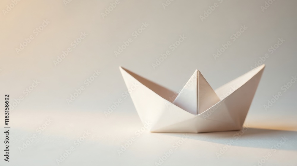 Poster a delicate paper boat on a soft white surface, illuminated by gentle light