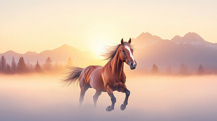 Obraz premium horse galloping through misty valley at sunrise, surrounded by mountains and trees, evokes sense of freedom and beauty in nature