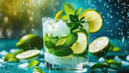 lose-up shot shows a glass of refreshing mojito surrounded by limes, mint, and ice
