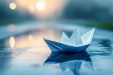 Paper boat floating on water illuminated by blue light