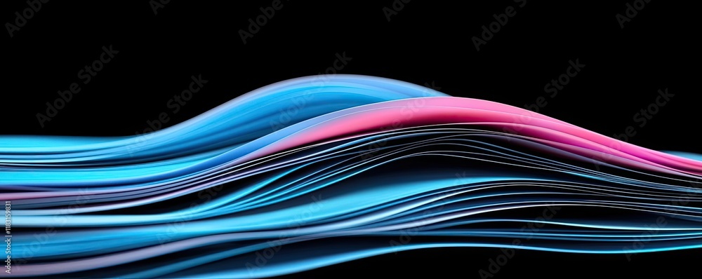 Poster layer abstract background concept. vibrant abstract waves of blue and pink against a black backgroun