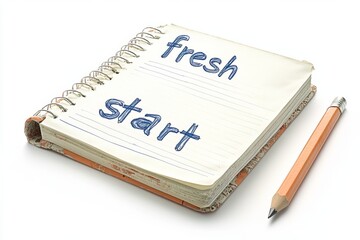 Notebook with fresh start text and a pencil
