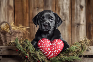 This adorable black lab puppy rests on wood, straw, and pine in a rustic country farm setting with Valentine&rsquo;s Day charm.