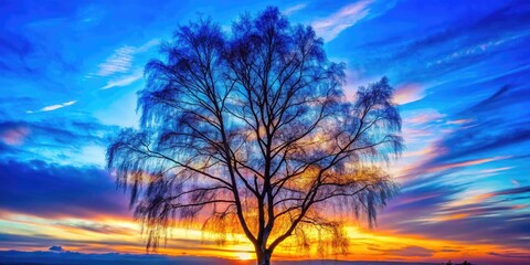 Fototapeta premium Serene sunset silhouettes a birch tree against a vast blue sky.