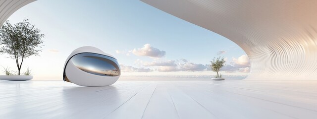 A large white building with a large white sphere in the middle